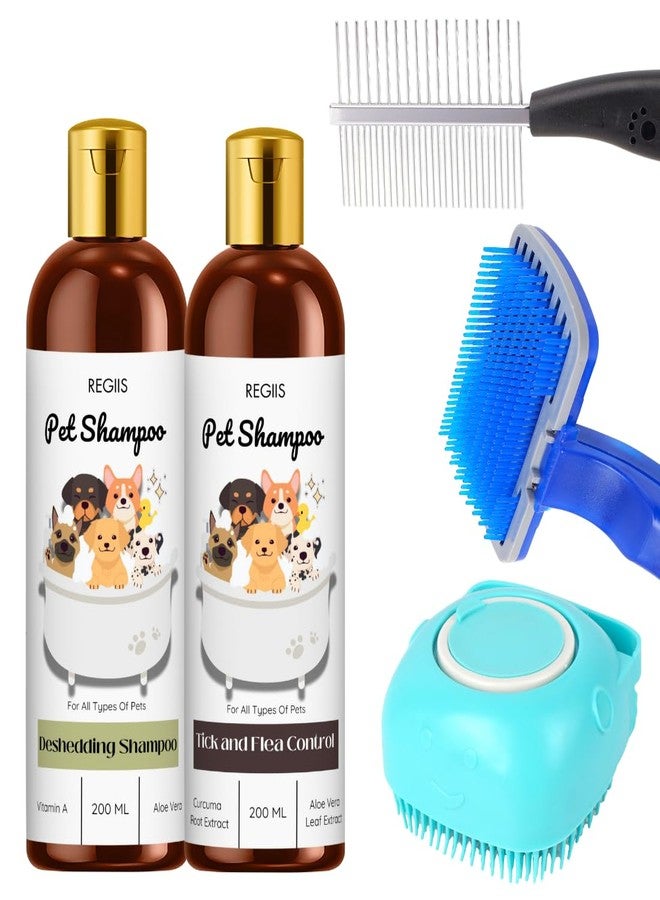 مجموعة شامبو للحيوانات الأليفة بتركيبة لإزالة الشعر الزائد ومكافحة القراد، 200 مل لكل عبوة، تتضمن فرشاة ومشط للعناية بالحيوانات الأليفة (عبوة من 5 قطع) - Image 1